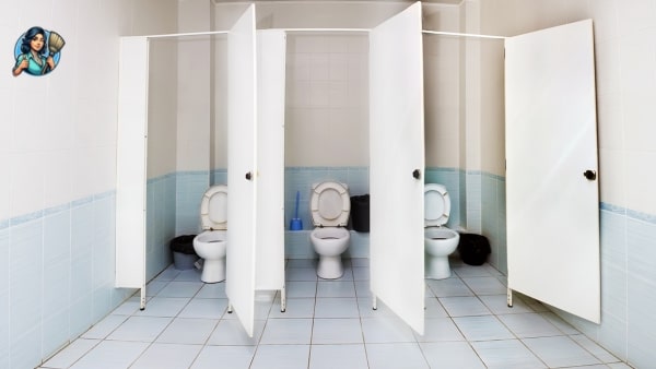 "Spotlessly clean restroom with gleaming fixtures, sanitized surfaces, and fresh amenities, ensuring comfort and hygiene for users.
