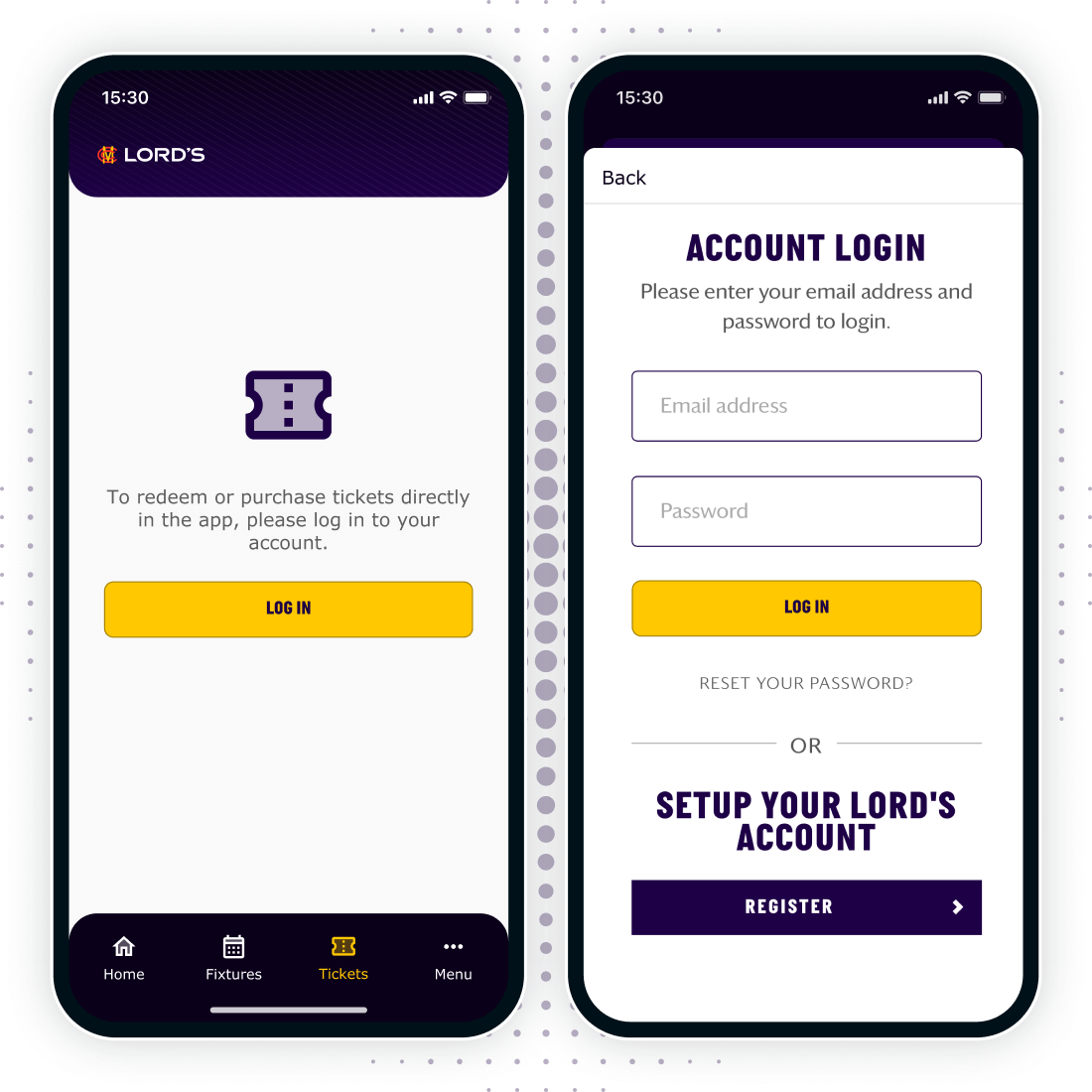 The Lord's app requires users to log in to access digital tickets.