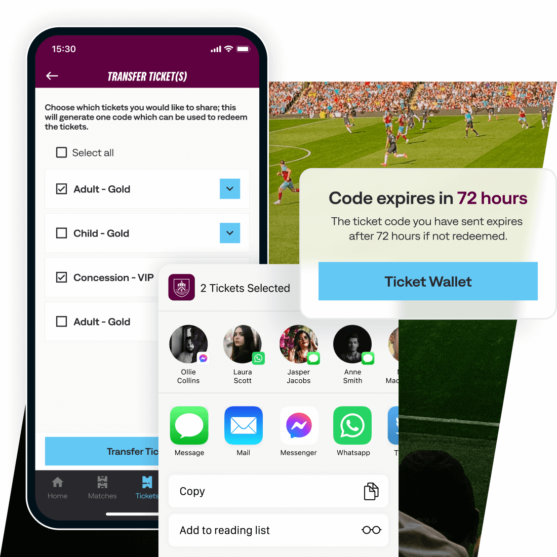 The Burnley FC ticket wallet allows users to share large numbers of tickets to others natively in the app via a user generated share code.