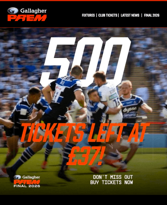 Email informing fans of ticket availability for the PREM Rugby Final
