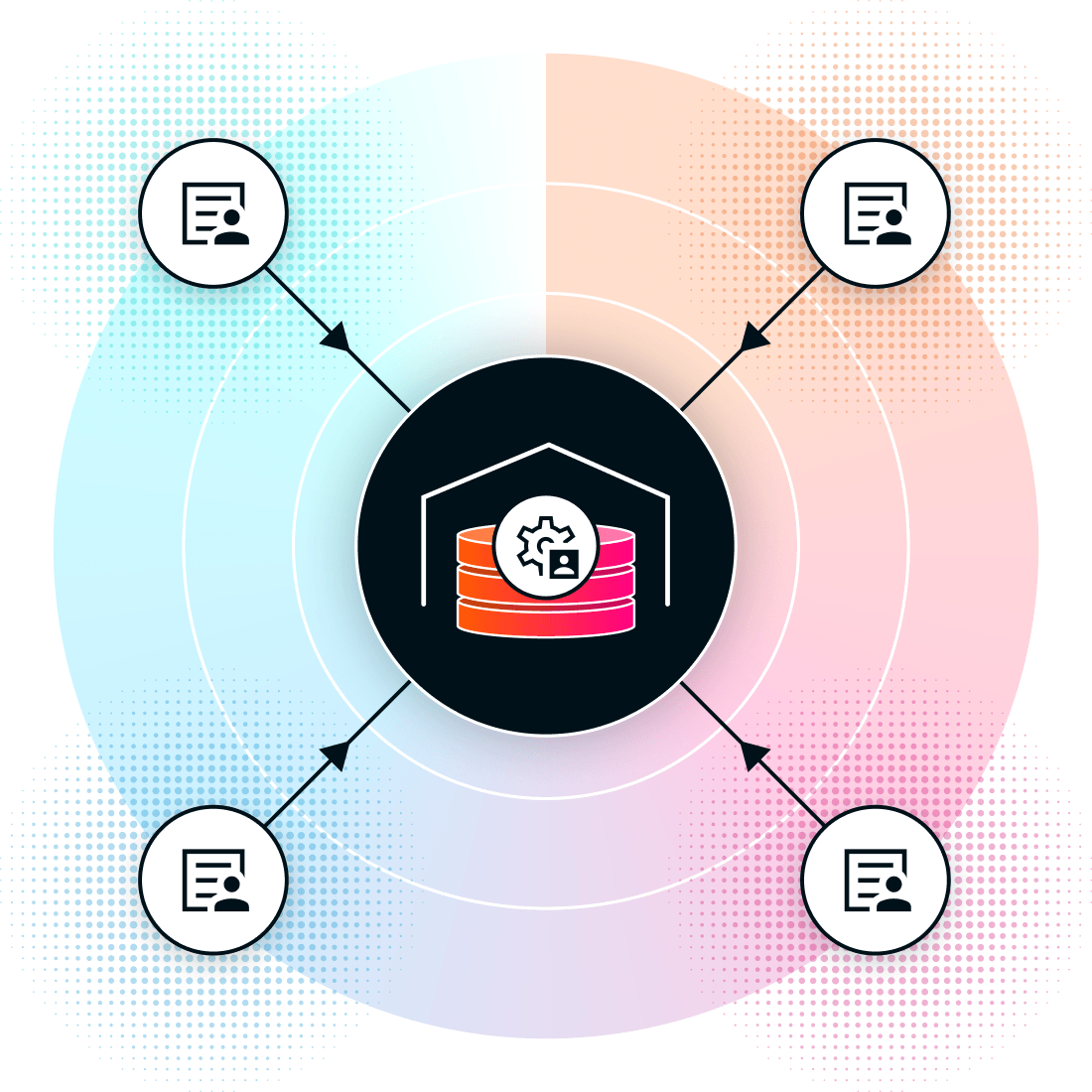Graphic showing multiple data sources entering a data warehouse to be organised.