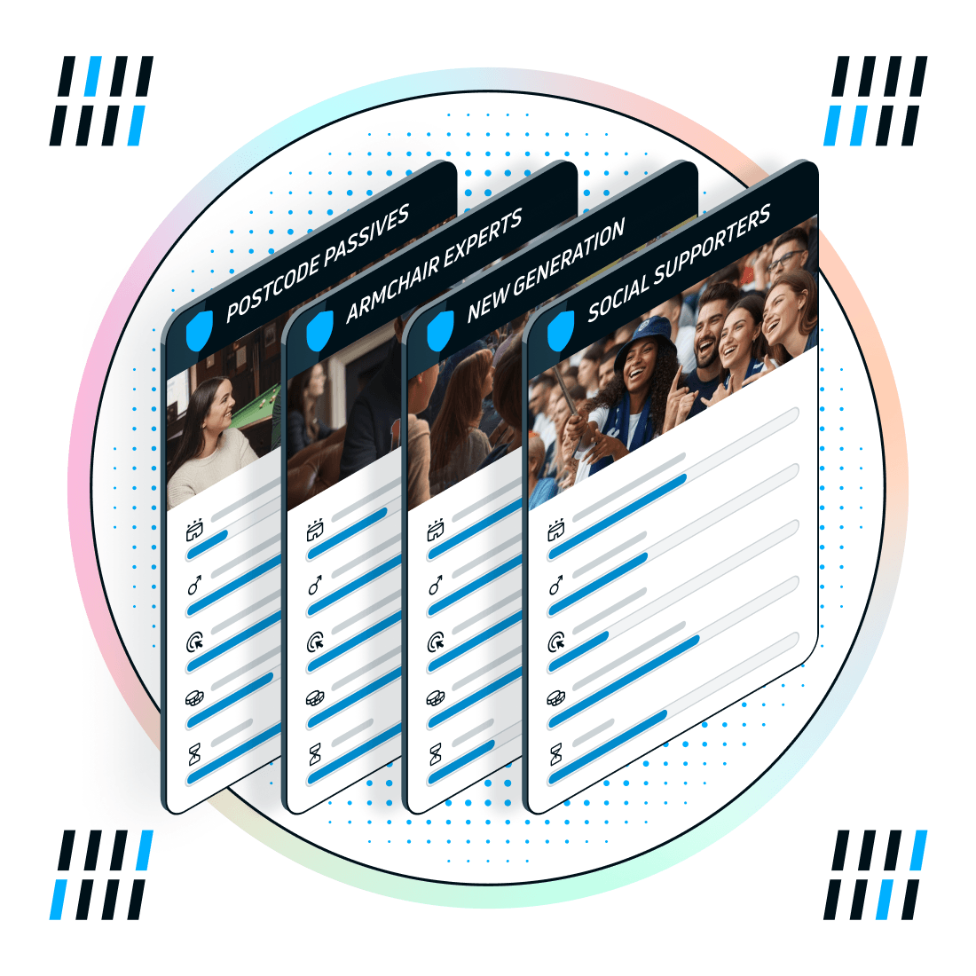 Stylised graphic showing audience segment cards