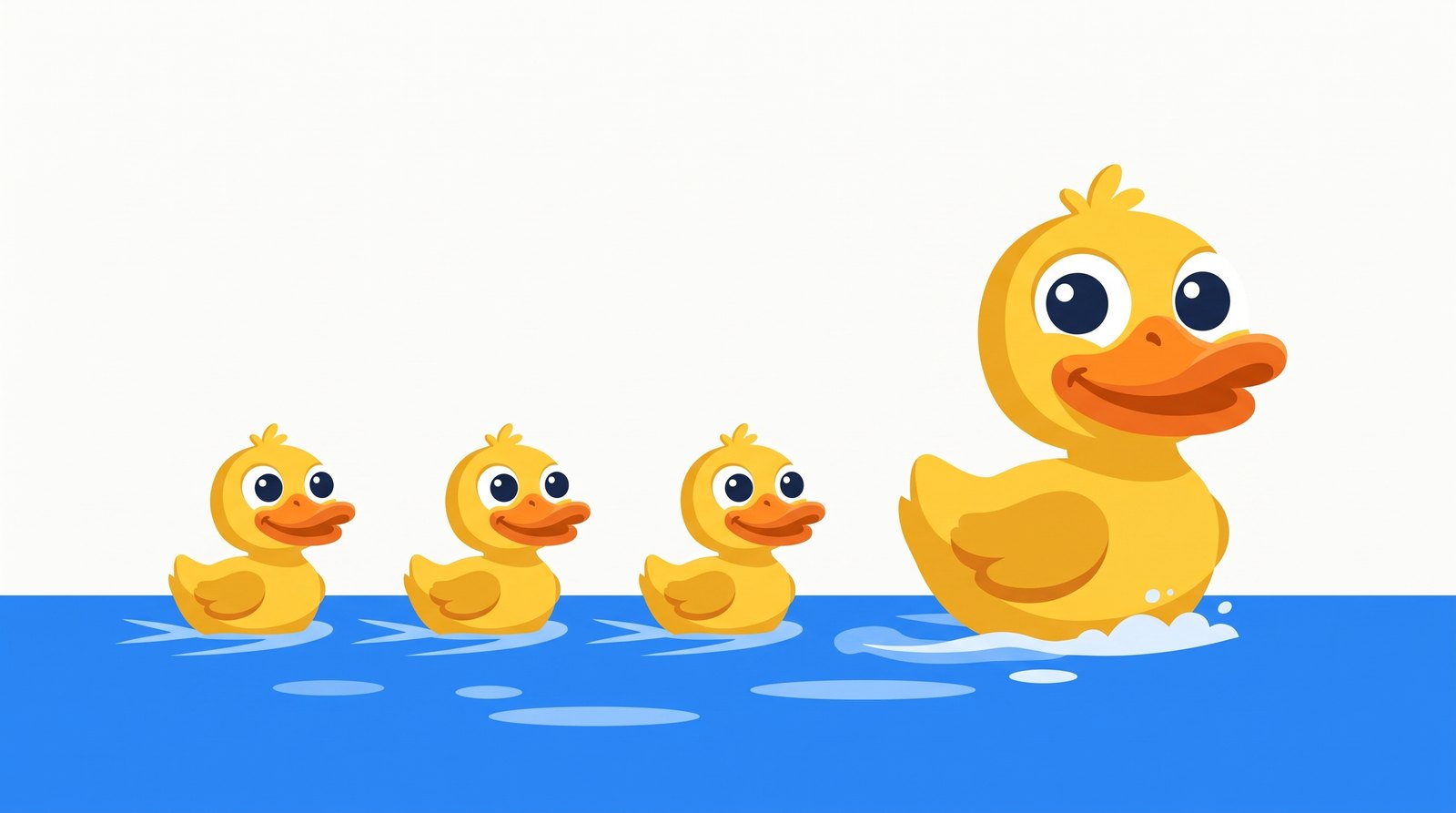 A big yellow duck swimming ahead, three ducklings following in line