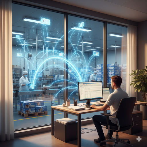 Ein Büro mit Fenstern in die Produktionshalle. Aus der Halle laufen leuchtende Digitalfänden in den Computer der auf dem Tisch steht. Digitalisierung erlaubt es Daten von Sensoren automatisiert an Compuitersysteme zu übertragen. Das vereinfacht vieles. 