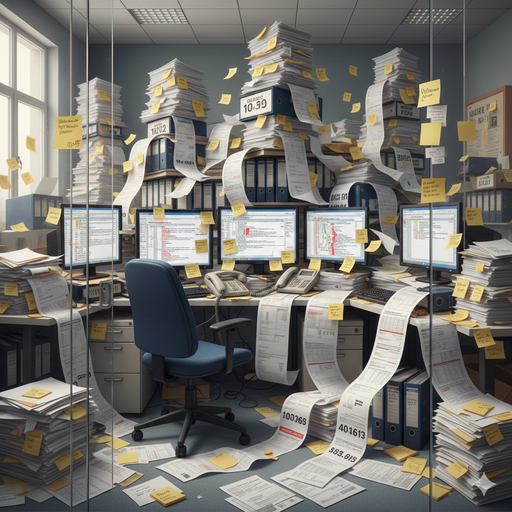 Das Bild zeigt ein völlig überladenen Schreibtisch voller Zettelwirtschaft. Es Illustriert die analogen Abläufe die nicht digital stattfinden und viel Papier, Ordnung und Organisation benöltigen um zu funktionieren.