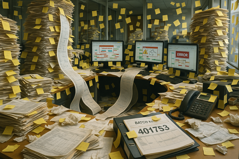 In der Analogen Welt kann es schwierig sein den Durchblick zu behalten. Auf dem Bild ein völlig überladener Schreibtisch mit Zetteln. Digitalisierte Lösung zur Chargenverfolgung kann vieles erleichtern.