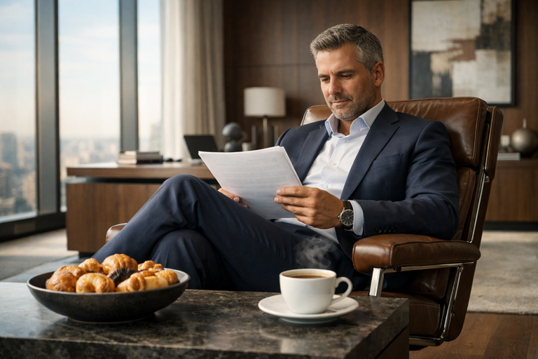 Ein Entscheider sitzt entspannt in einem Loungesessel in seinem Büro und ließt einen Bericht. Seit der Optimierung seiner Prozesse ist der Stress deutlich geringer geworden. 