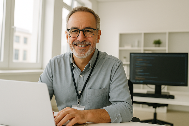 Eine Berater lächelt sie an. Er konnte Ihr Leben leichter machen. Er hat seinen Job gut gemacht. Das motiviert Ihn. 