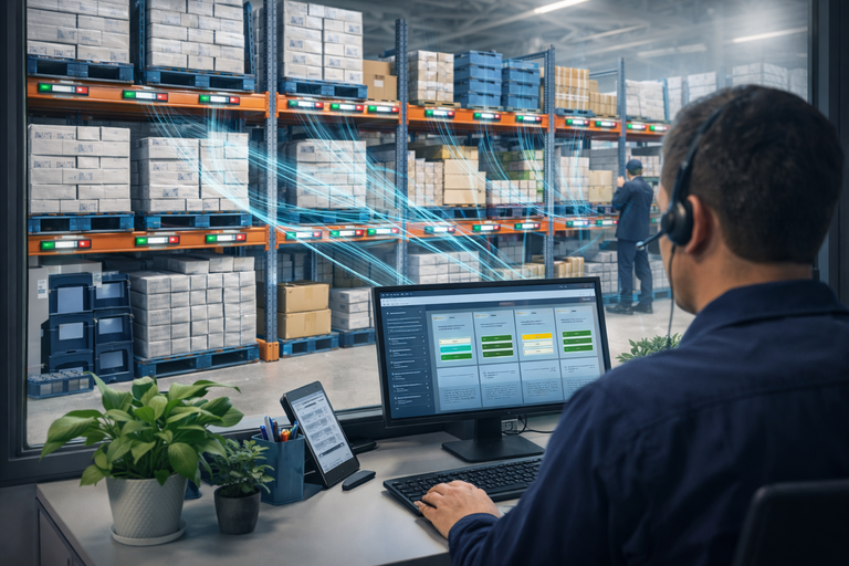 Digitalisierung im Lager dargestellt durch einen Mitarbeiter der am Rechner sitzt. Durch ein Fenster wird der Blick in das aufgeräumte und gut organsierte Lager möglich.