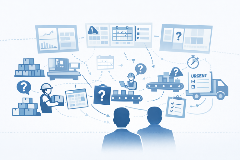 Darstellung der Risiken ungeplanter IT-Architekturen. Das Bild stellt ein das Management eines Unternehmens dar das auf eine Intransparente Systemlandschaft blickt und Fragen hat.