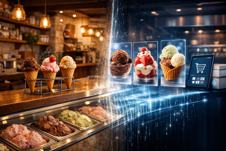 Auf dem Bild ist eine schön eingerichtet Eisdiele mit Eistresen der auf der rechten Seite zu einem Online Shop übergeht. Gleiches Eis, Gleiches Erlebnis, Anderes Medium