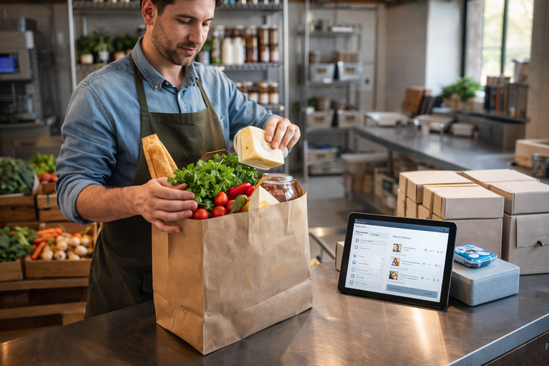Ein Lebensmittelhändler packt ware in eine Click und Collect Tasche und bereite den Versand vor. Auf einem Tablet sieht er die Pick-Liste