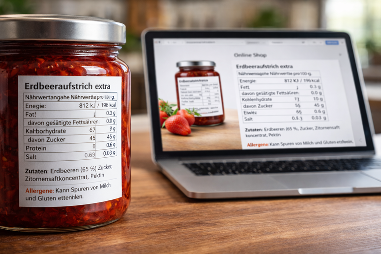 Das Bild stellt ein Glas Marmelade und das Ettiket darauf dar, daneben ein Notebook auf dem ein Onlineshopeintrag für dieses Produkt zu sehen ist. Mit der Liste der Allergene. 