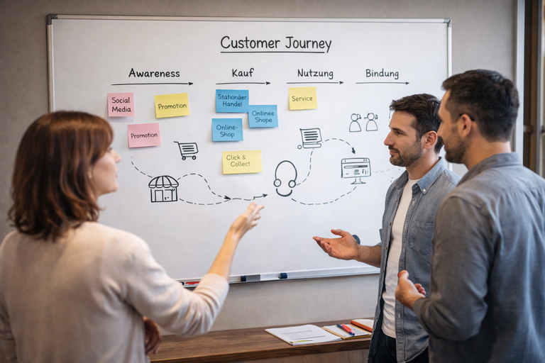 2 Menschen Planen am Whiteboard eine Customer Journey und integriert in eine Multichannel-Strategie