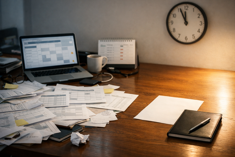 Ein schreibtisch stellt viele Zettel dar in denen keiner den überblick hat, sie liegen im Halbschatten. Auf der rechten Seite ist alles aufgeräumt, ein leeres Blatt liegt neben einem Planer.
