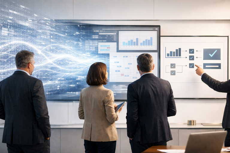 Management sieht auf ein Whiteboard von links strömen virtuelle Daten unsortiert rein, am Whiteboard werden sie zu sortierten Datenströmen während auf der rechten Seite des Whitboard eine Strategie daraus entsteht.