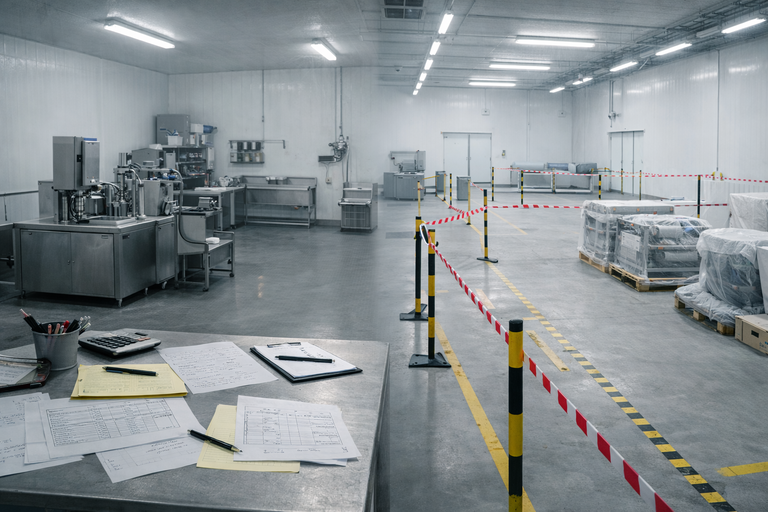 Eine Produktionshalle für Speiseeis, links eine kleine Maschine, rechts eine neue Produktionsanlage im aufbau. Es stellt den Wandel von Manufaktur zu Betrieb dar. 