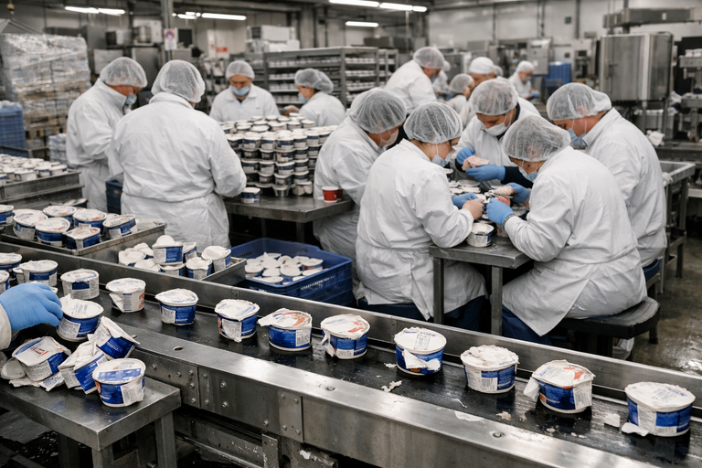 Arbeiter der Lebensmittelindustrie bekleben Becher neu, als nacharbeit. Mangelnde Qualität sorgte dafür. 