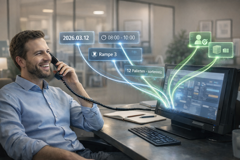 Ein Mitarbeiter sitzt am Schreibtisch, den Telefonhöhrer in der Hand. Aus seinem Bildschirm ragen Datenfäden die Leiferbedinugnen Darstellen. Uhrzeiten Orte aber auch Lager und Kontakte. Er stimmt die nächsten Lieferungen mit seinen Kunden ab.
