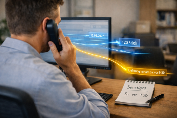 Ein Mitarbeiter nimmt eine Bestellung telefonisch entgegen. Er kann einige Daten in den Computer eingeben. Auf dem Notizblock schreibt er Sa. vor 9:30Uhr. Ein Beispiel für einen Medienbruch