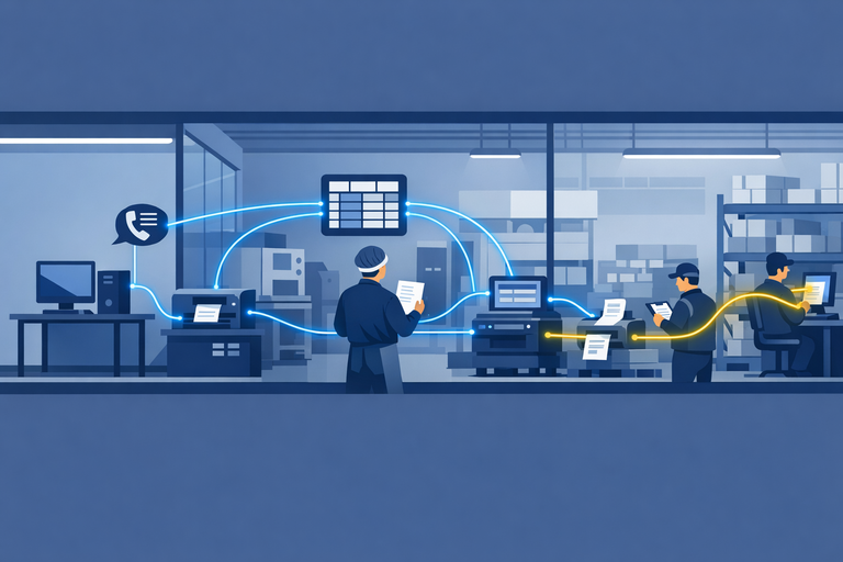 Ikonisiert wird der Weg der Information von Bestellung über Produktion zum Lager dargestellt. Datenfäden zwiwchen Drucker, Papier, Mensch und Maschine stellen dar, wie der Ablauf der Wertschöpfung viele Medienbrüche beeinhaltet.