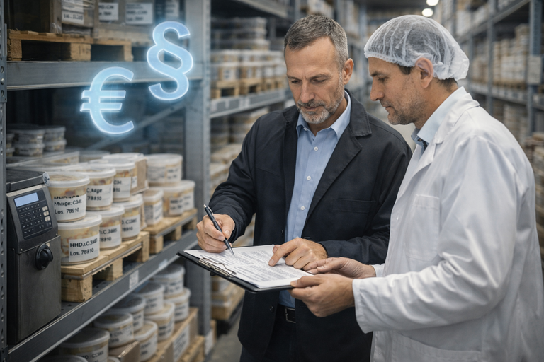 Im Lager gibt es eine Audit Situation , ein Auditor bespricht mit dem Mitarbeiter ein Dokument, es Geht um Rechtsthemen und Kosten. Dargestellt durch Paragraph und Eurozeichen