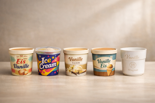 5 stehende Eisbecher mit Designs auis verschiedenen Epochen, mit verschiedene Verschlüssen (Platikdecke, Pappdeckel) mit verschiedenen Materialien (Pappe, Porzelan, Bambus) 