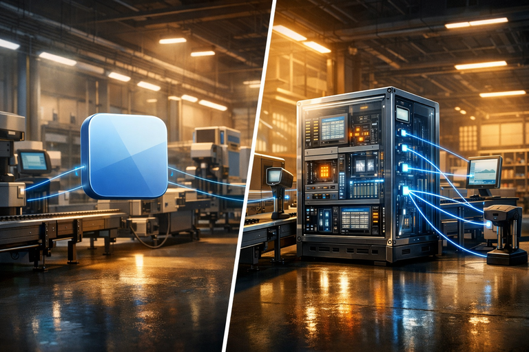 Der Blick in eine Produktionshalle, in der mitte geteilt. Links mit kaufsoftware die wenig in die systemlandschaft integriert ist, rechts mit custom-software die gut integriert ist.