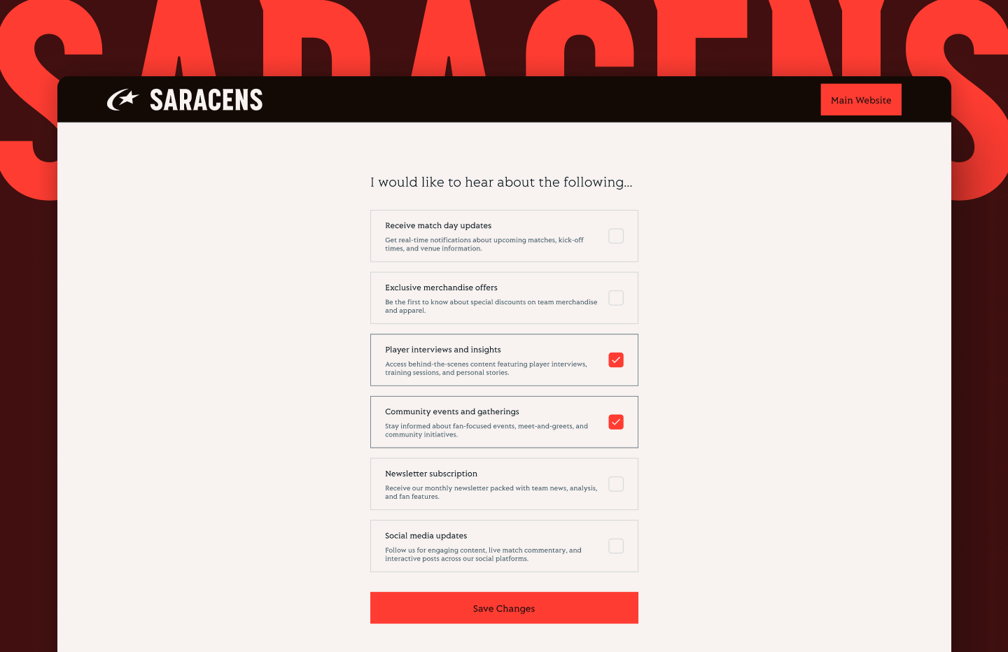 Fan preference centre on the Saracens website