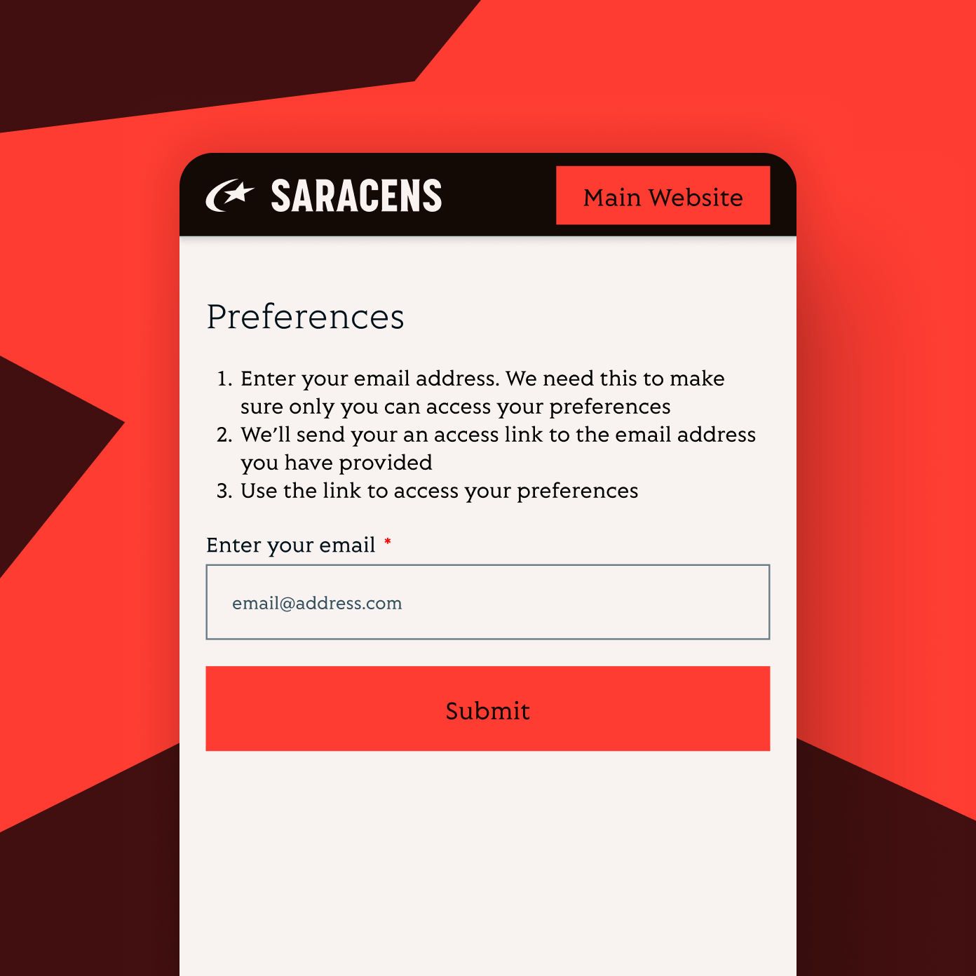 Email registration screen for Fan preference centre on mobile