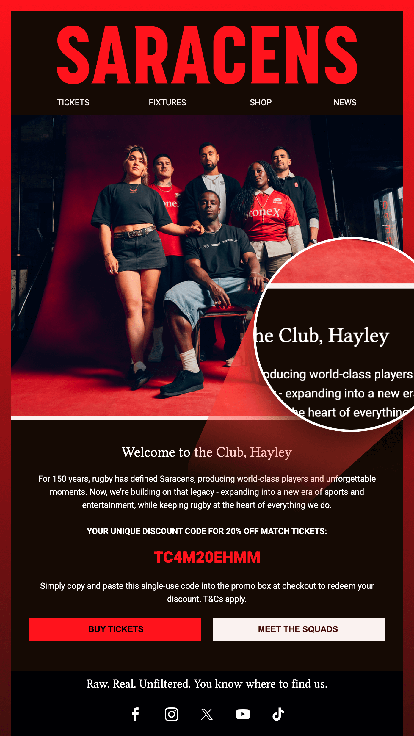 Personalised Welcome email from Saracens Rugby
