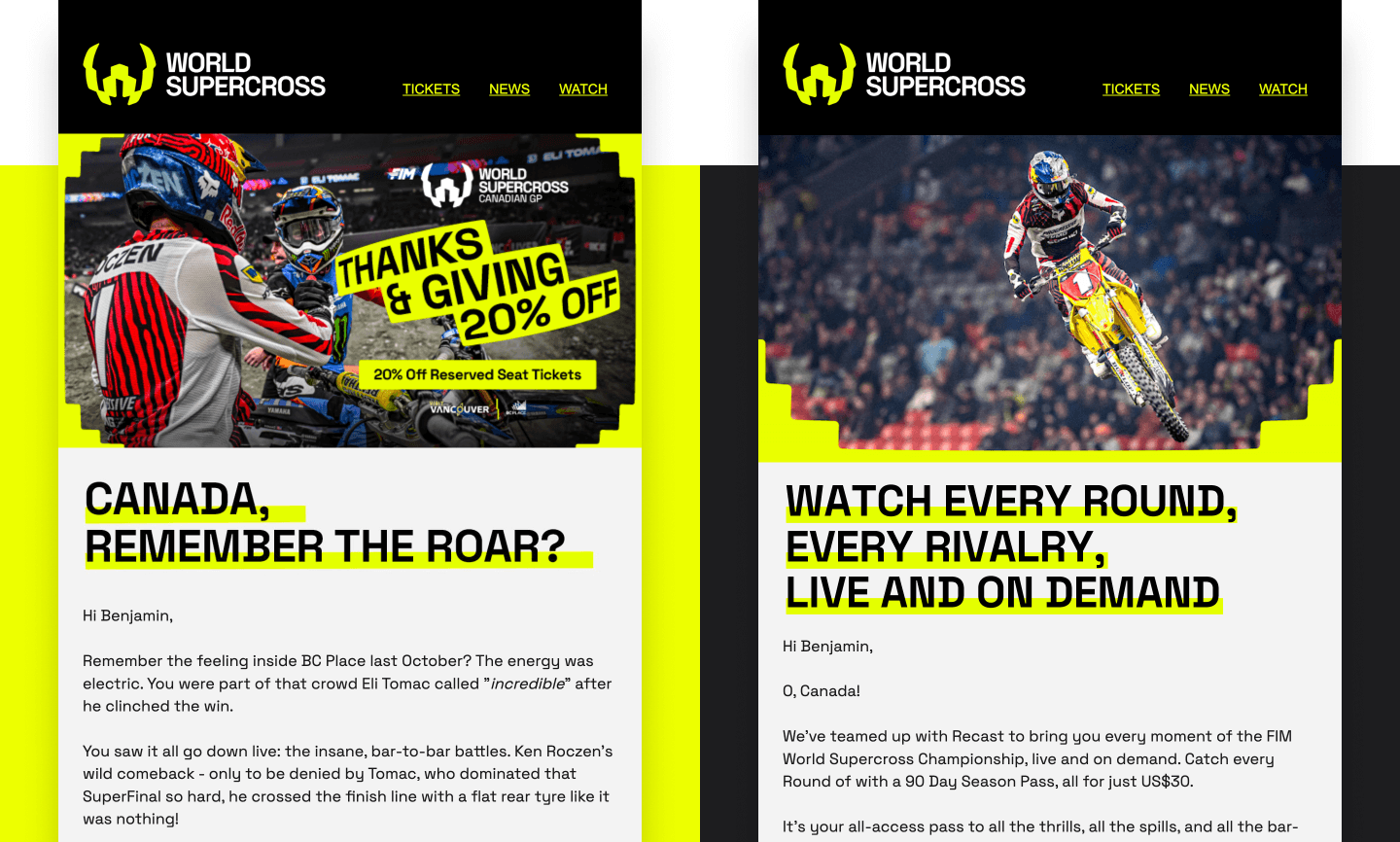 Examples of personalised email communications, promoting the Canadian GP