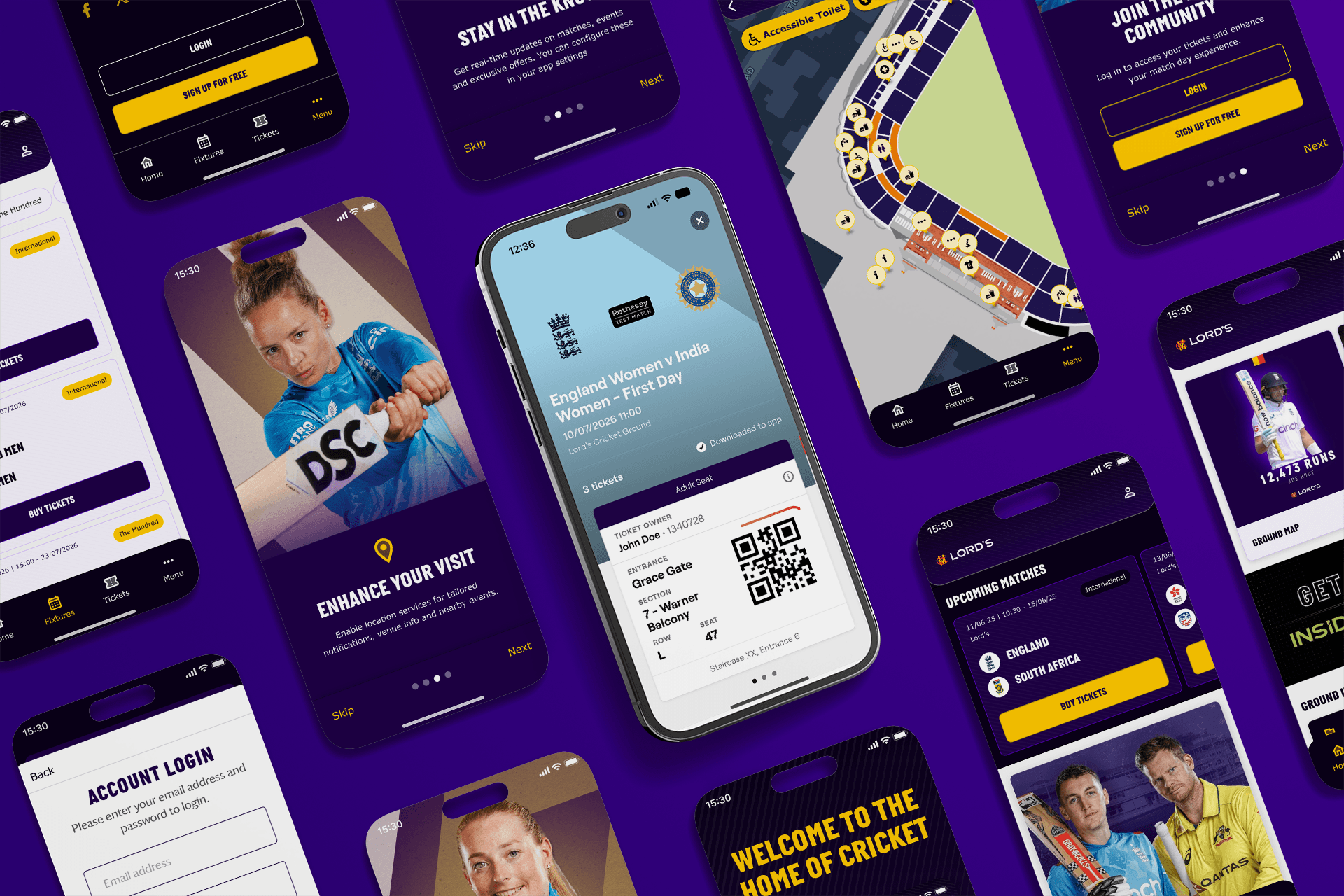 A selection of screenshots from the MCC official matchday companion and digital ticketing app
