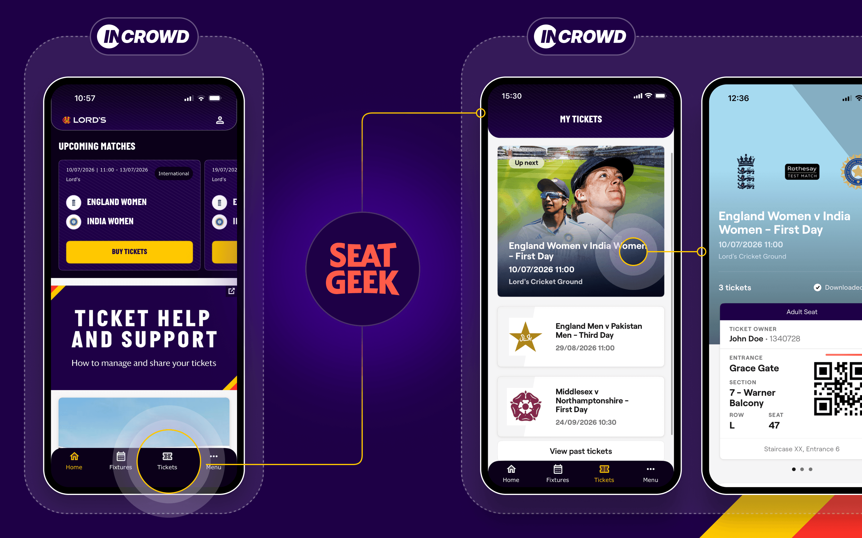 In-app digital ticketing screenshots demonstrating the sync with third party ticketing provider SeatGeek