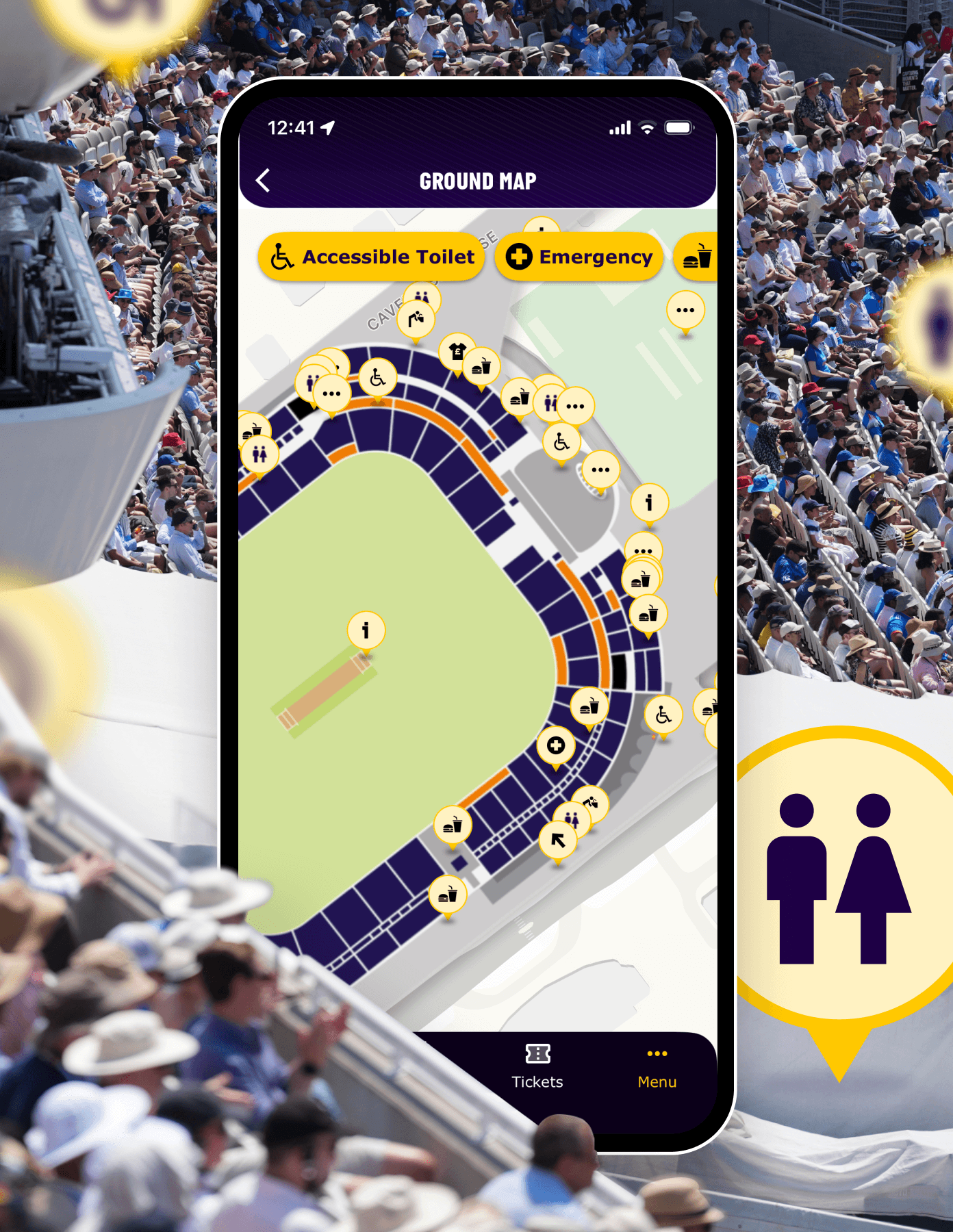 A screenshot of the in-app interactive map of Lord’s