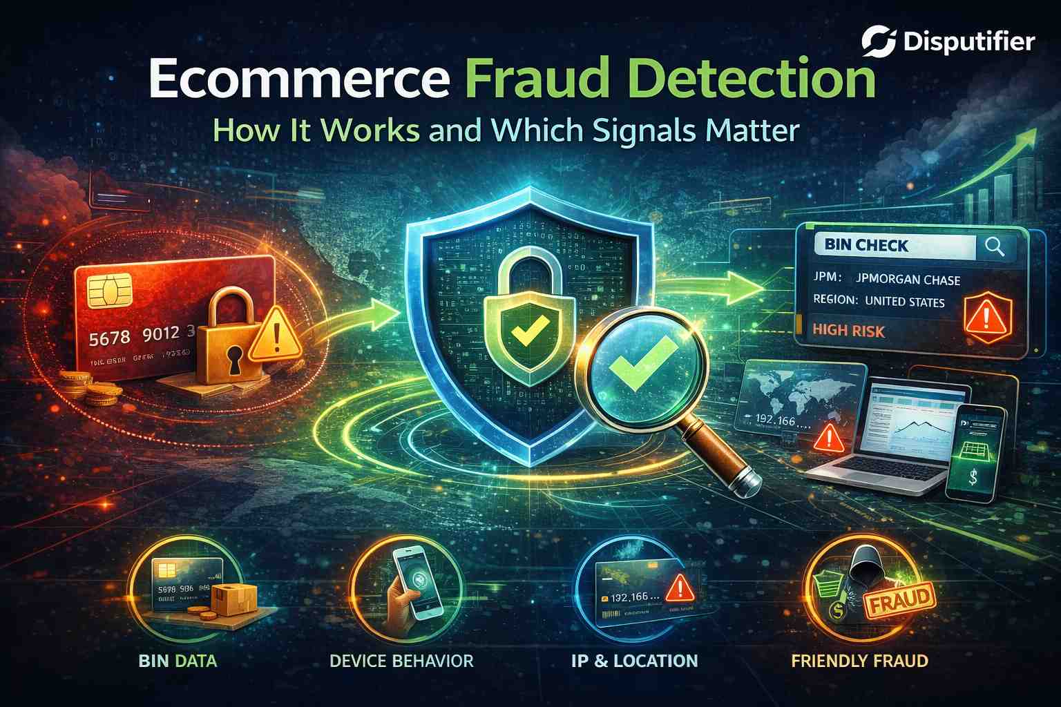 Learn how ecommerce fraud detection works, which fraud signals matter most, and how BIN data, device behavior, IP risk, and Disputifier help reduce losses.