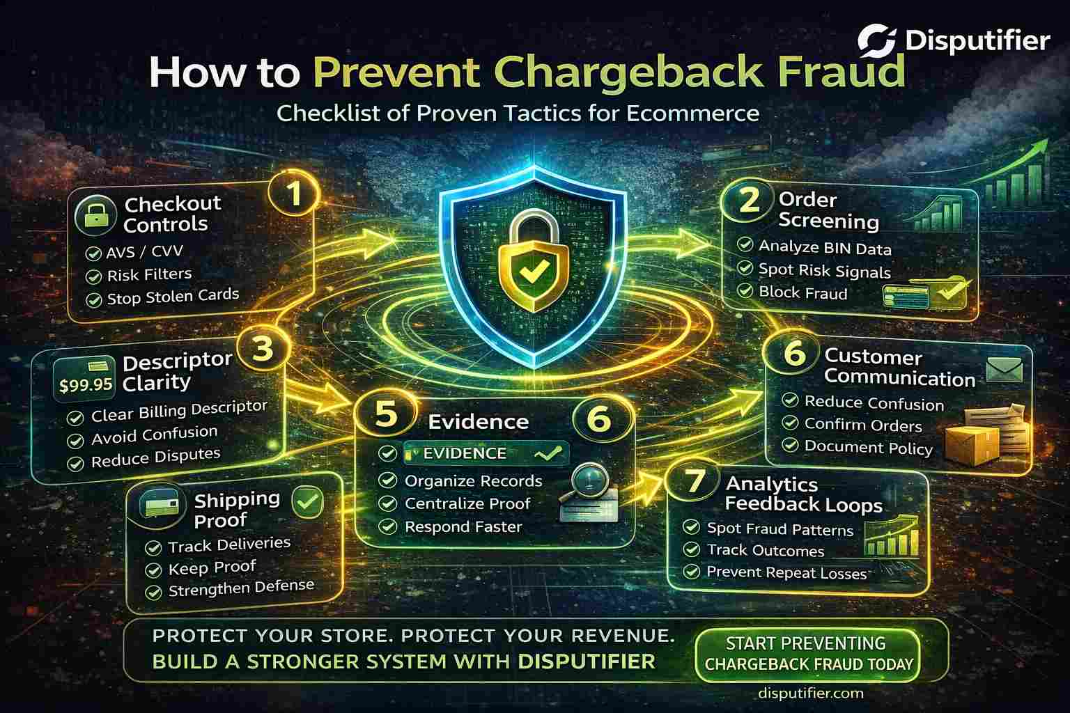 Learn how to prevent chargeback fraud in ecommerce with stronger checkout controls, order screening, BIN data, shipping proof, customer communication, and Dispu