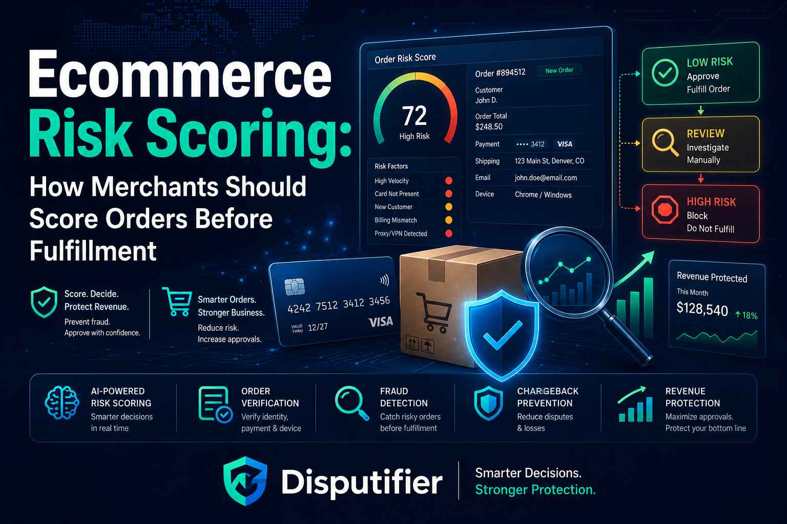 Learn how ecommerce risk scoring works, which signals matter most, and how merchants can score orders before fulfillment to reduce fraud and prevent chargebacks — with Disputifier's BIN intelligence and automated dispute tools.