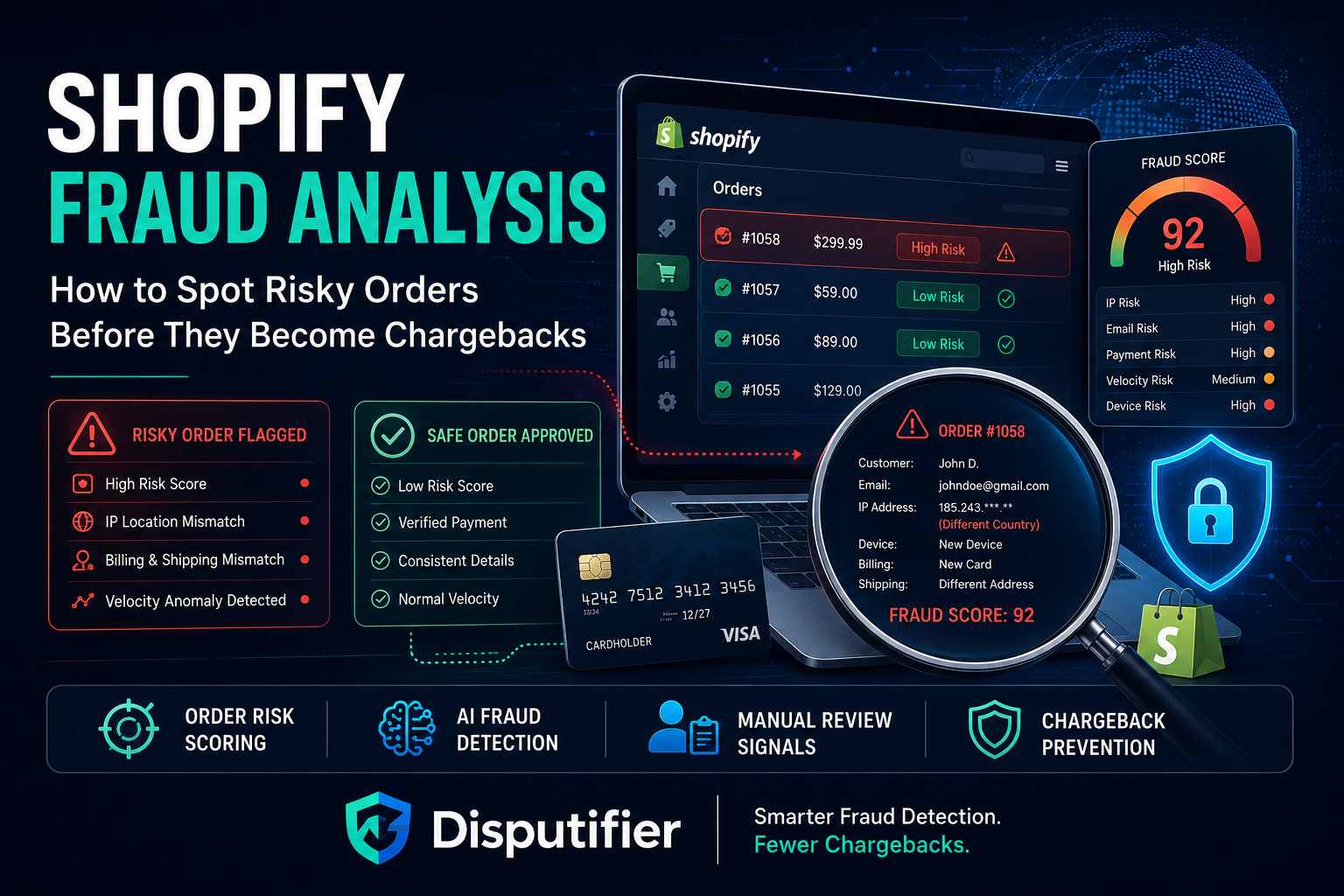 Learn how Shopify fraud analysis works, which signals matter most, and how Shopify merchants can spot risky orders before they become chargebacks — with Disputifier's BIN intelligence and automated dispute management built for Shopify stores.