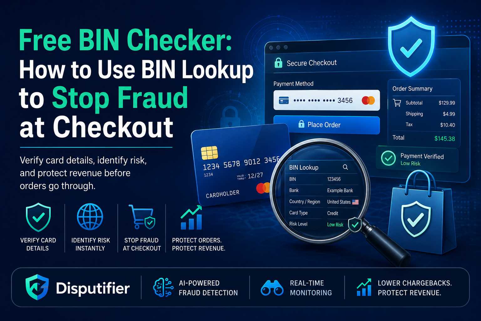 Learn how a free BIN checker works, how to use BIN lookup in your order review process, and how Disputifier's BIN intelligence helps ecommerce merchants stop fraud before it ships and prevent chargebacks before they're filed.