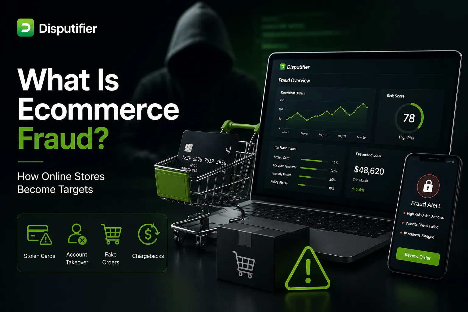 Disputifier ecommerce fraud illustration showing an online store targeted by fraud, including stolen payment cards, account takeover, fraudulent orders, fraud alerts, and AI-powered fraud detection software protecting merchant revenue.