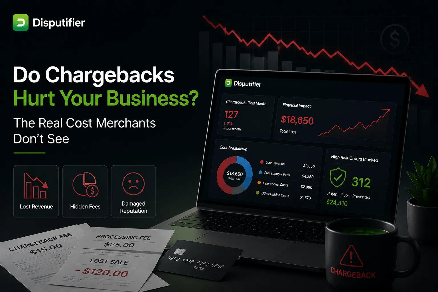 Disputifier illustration showing the hidden costs of chargebacks for ecommerce merchants, including lost revenue, processing fees, damaged reputation, and financial impact visualized through a SaaS analytics dashboard. 