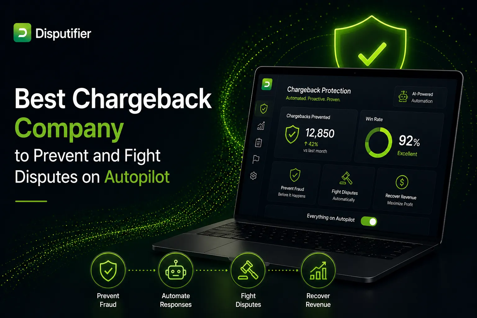 Disputifier chargeback automation dashboard illustrating AI-powered chargeback prevention, automated dispute management, fraud protection, and revenue recovery for ecommerce merchants. 