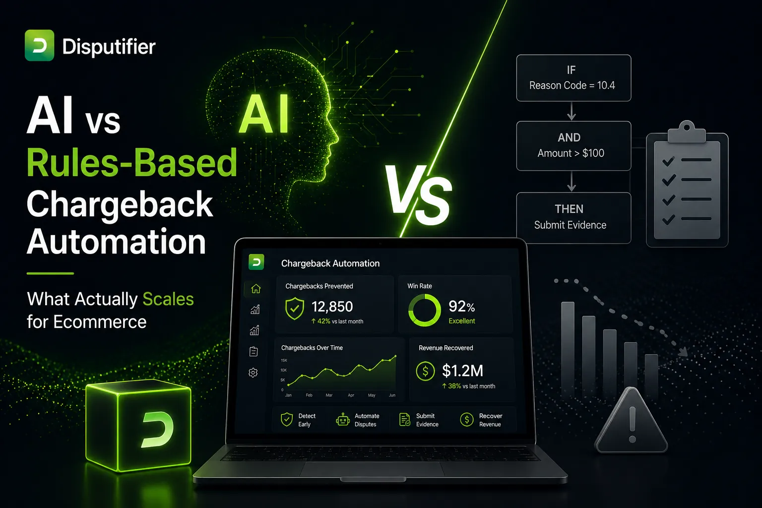 Disputifier comparison graphic showing AI-powered chargeback automation versus rules-based workflows, highlighting scalable ecommerce dispute prevention, automated evidence submission, and revenue recovery.