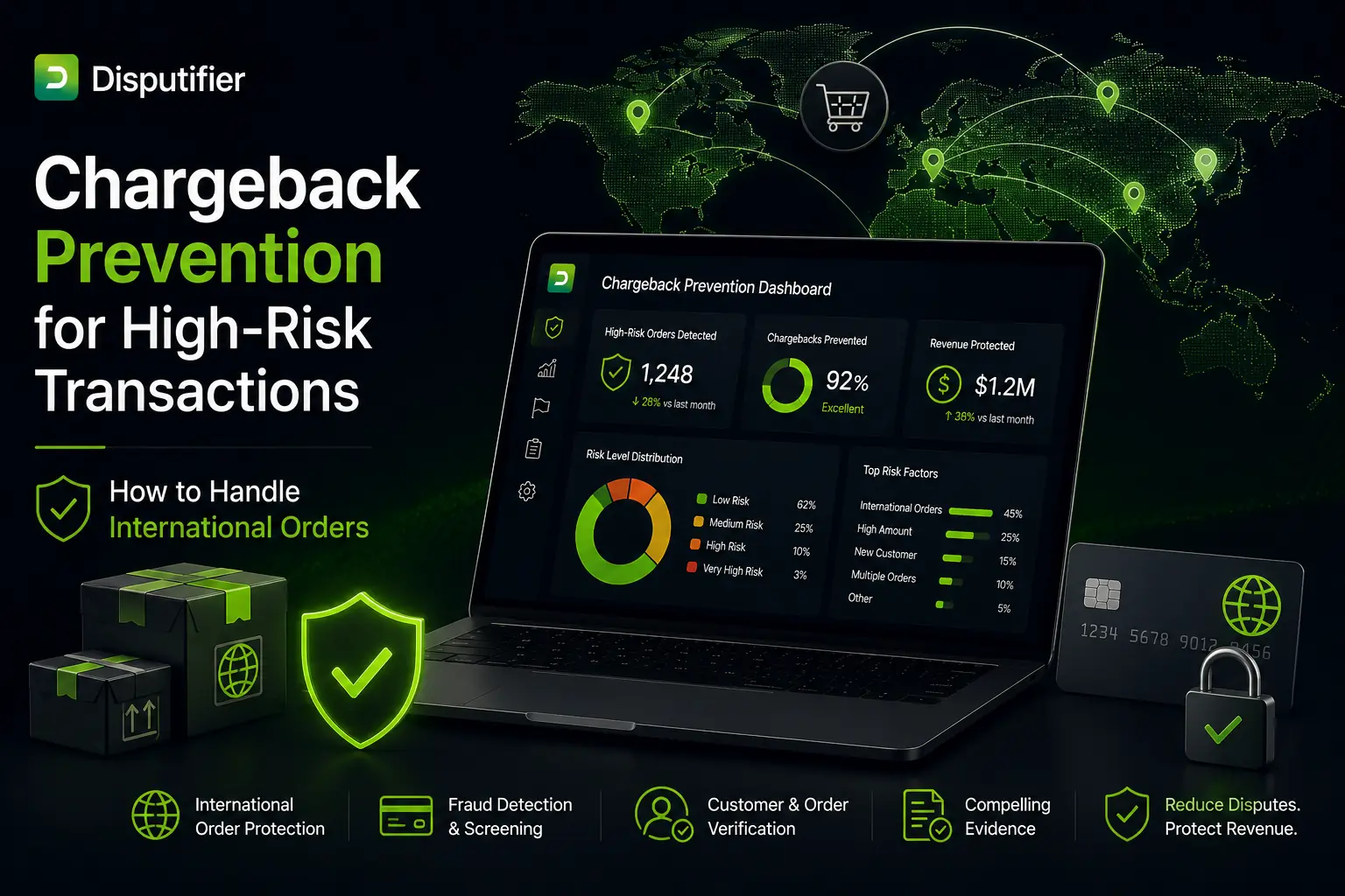 Disputifier dashboard illustrating chargeback prevention for high-risk international ecommerce transactions, featuring global fraud monitoring, risk screening, customer verification, and revenue protection tools.