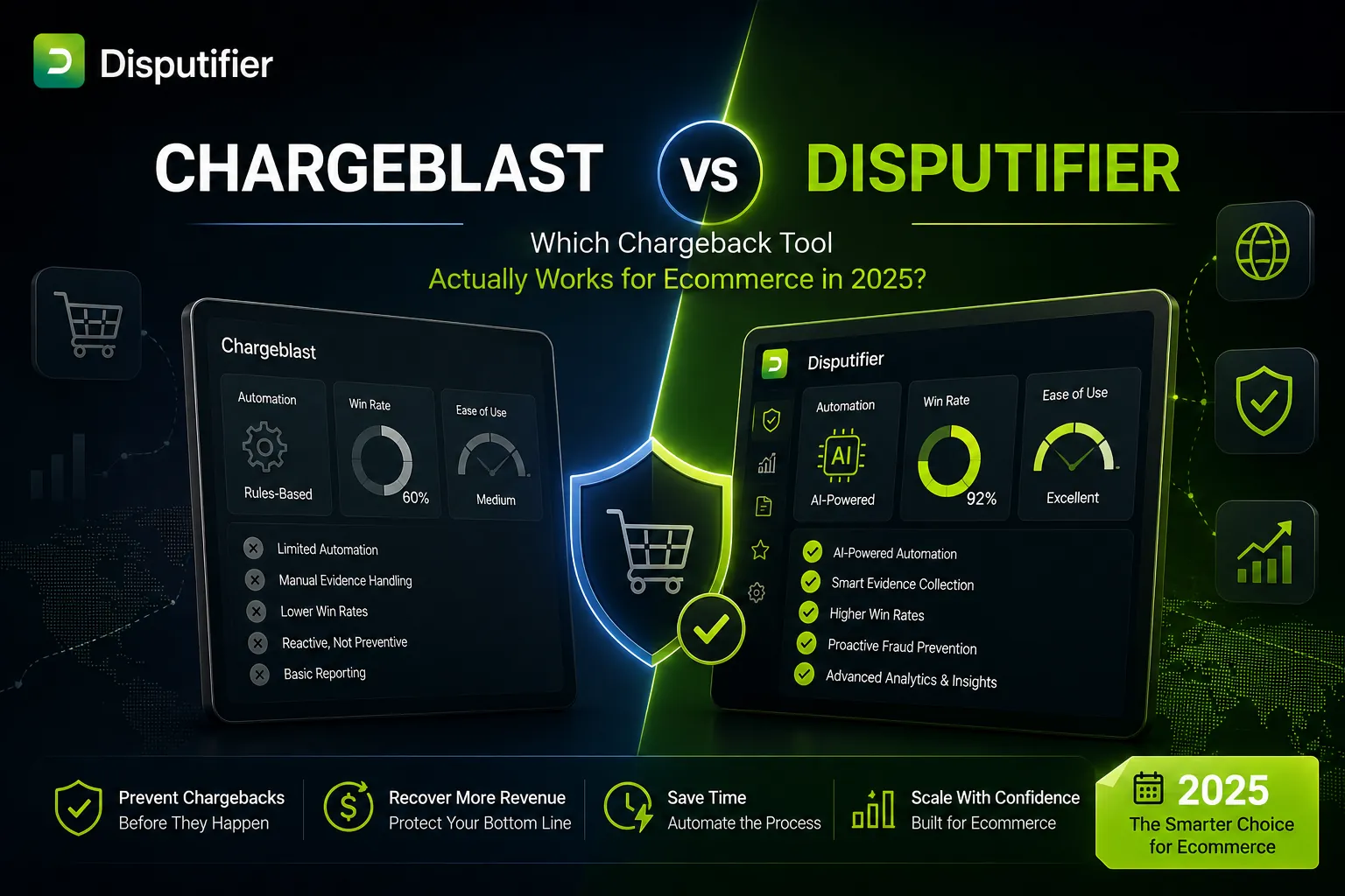 Comparison graphic of Chargeblast versus Disputifier, highlighting AI-powered chargeback automation, ecommerce fraud prevention, dispute management, and revenue recovery tools for online merchants in 2026.