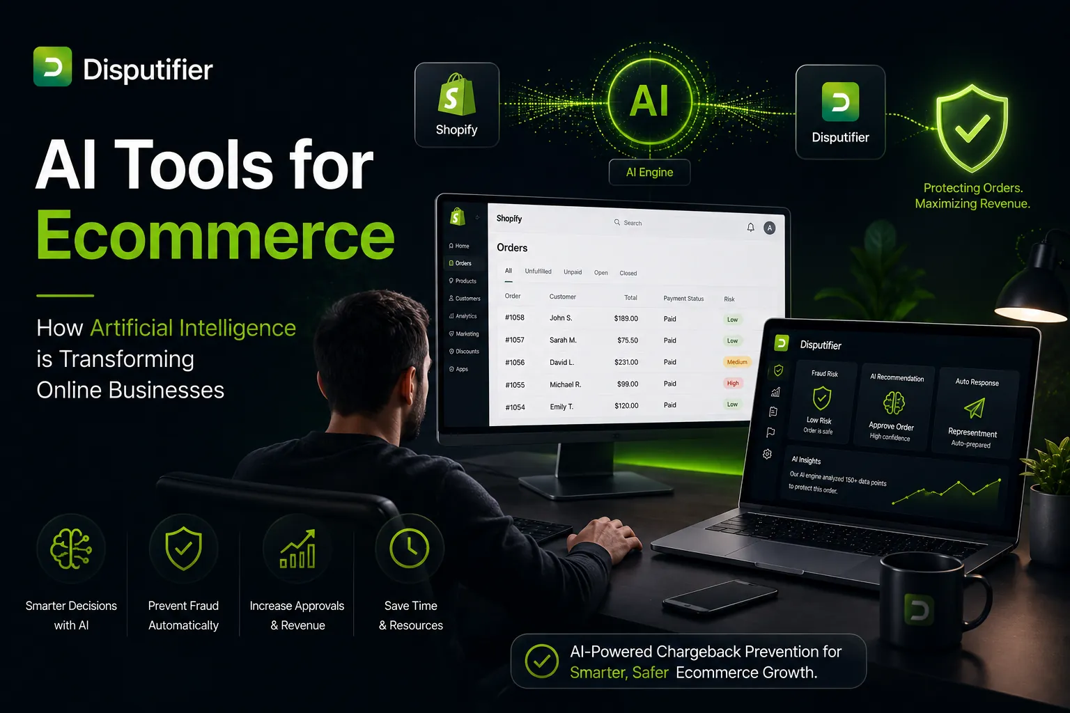 Merchant using Shopify alongside the Disputifier platform as AI analyzes ecommerce orders, automates fraud prevention, and protects revenue through intelligent chargeback management.