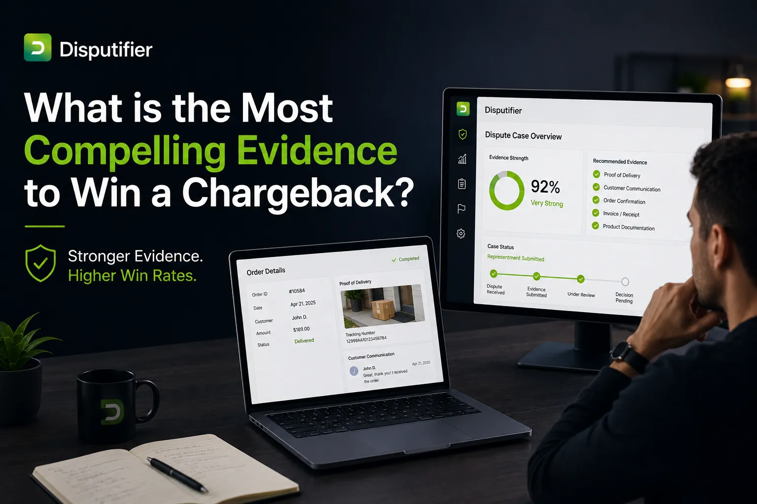 Ecommerce merchant reviewing chargeback evidence in the Disputifier platform, showing delivery confirmation, customer communication, and dispute documentation used to improve chargeback win rates.