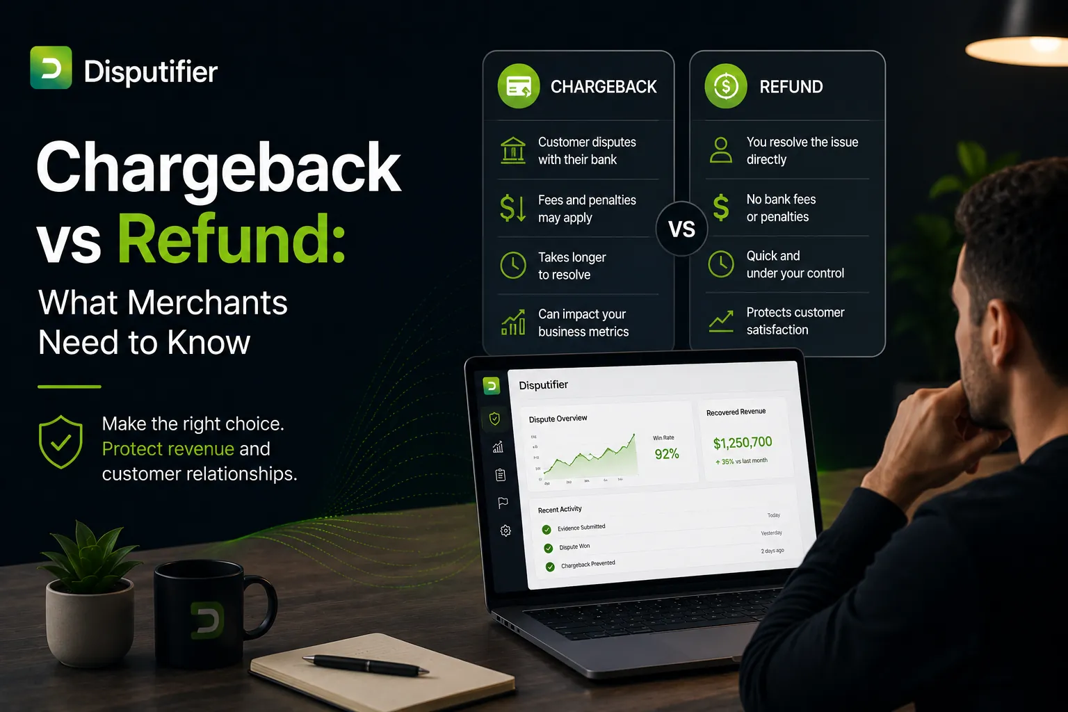 Ecommerce merchant comparing chargebacks and refunds using the Disputifier platform, illustrating the differences between dispute resolution, customer refunds, and revenue protection for online businesses. 