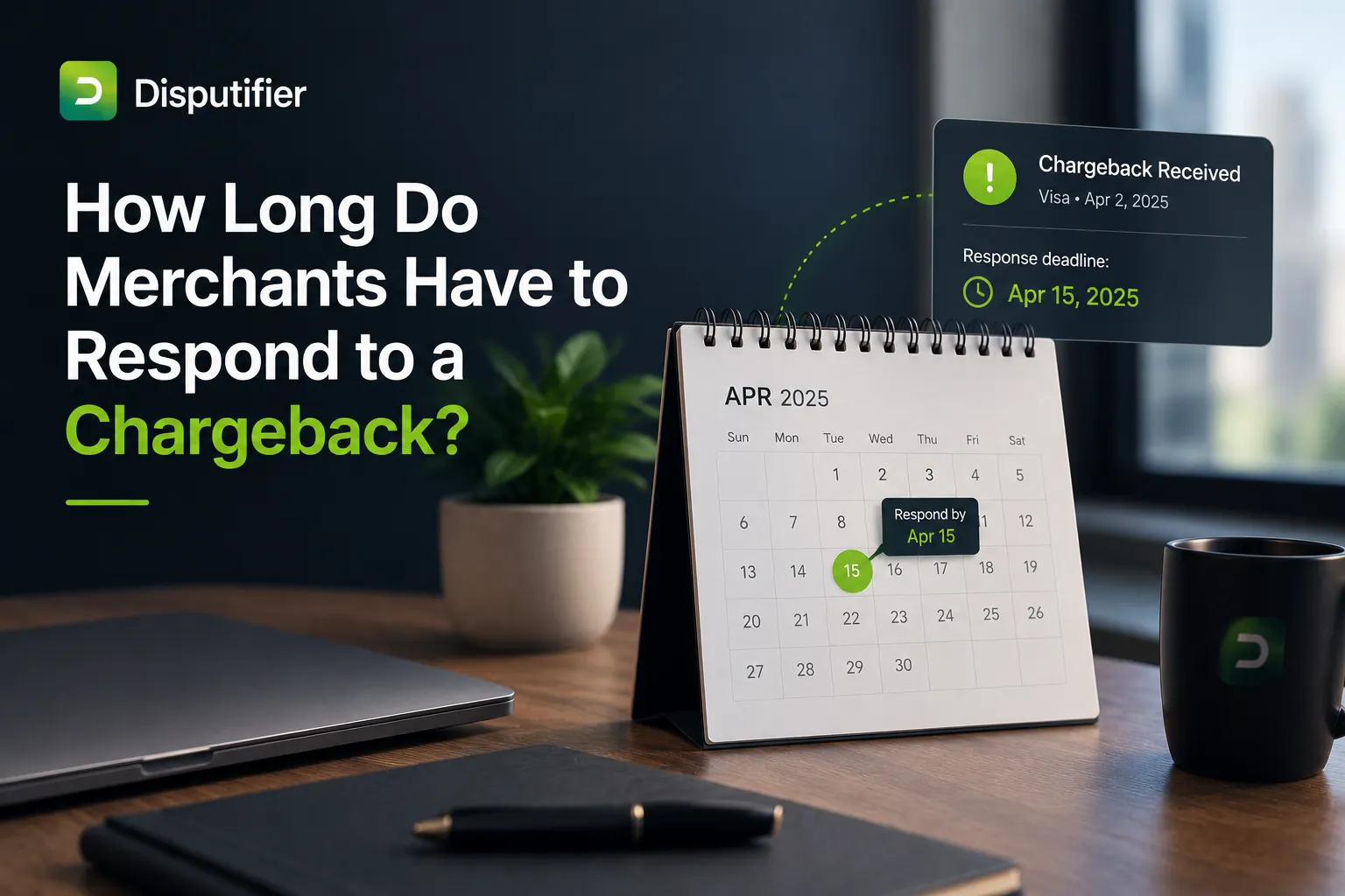 Calendar highlighting a chargeback response deadline alongside a Disputifier notification, illustrating how long ecommerce merchants have to respond to a chargeback before losing the dispute automatically.